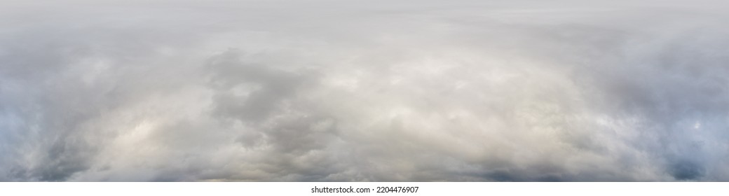 Sky panorama on overcast rainy day with low clouds in seamless spherical equirectangular format. Complete zenith for use in 3D graphics, game and for aerial drone 360 degree panorama as a sky dome - Shutterstock ID 2204476907