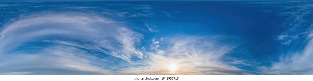 Sky panorama on sunset with Cirrus clouds in Seamless spherical equirectangular format as full zenith for use in 3D graphics, game and in aerial drone 360 degree panoramas for sky replacement.