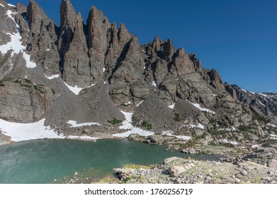 Sky Pond in Rocky Mountain National Park Colorado, seen from above with the Sharktooth peak in the background