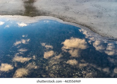 sky reflecting in puddle of water - Shutterstock ID 463556969