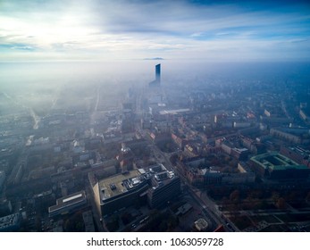 Sky Tower W Chmurach Widok Z Powietrza, Wroclaw From The Sky