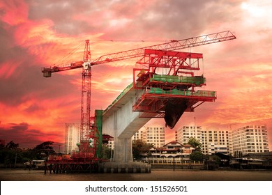 sky train under construction at twilight