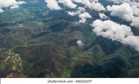 Sky View Mountains, Rivers, Villages And Clouds At Si Lanna National Park Chiang Mai Thailand 