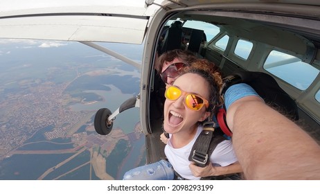 Skydive tandem selfie above Itaípu Dam, between Brazil and Paraguay.