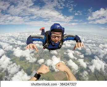 Skydiving caucasian man point of view