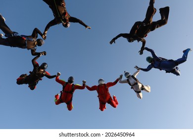 Skydiving. Formation Jump.A Group Of Skydivers Is In The Sky.
