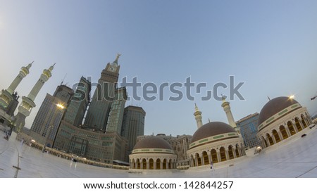 Skyline with  Abraj Al Bait (Royal Clock Tower Makkah) (left) in Makkah, Saudi Arabia. The tower is the tallest clock tower in the world at 601m (1972 feet), built at a cost of USD1.5 billion.