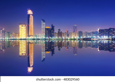 Skyline of Abu Dhabi at night, United Arab Emirates