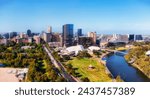 Skyline of Adelaide city CBD cityscape on shores of Torrens river in South Australia - aerial urban view.