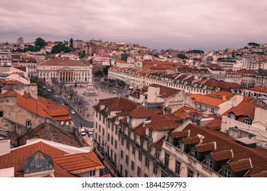Skyline aerial view of Lisbon old city, Portugal. View to Rossio Square from viewpoint Miradouro do Elevador de Santa Justa 