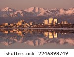 Skyline of Anchorage Alaska during low tide 