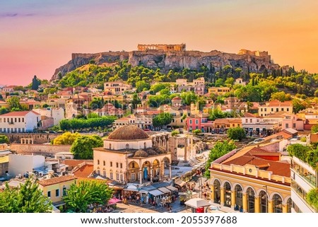 Skyline of Athens with Monastiraki square and Acropolis hill during sunset. Athens, Greece