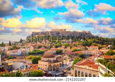 Skyline of Athens with Monastiraki square and Acropolis hill during sunset. Athens, Greece