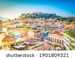 Skyline of Athenth with Moanstiraki square and Acropolis hill, Athens Greece