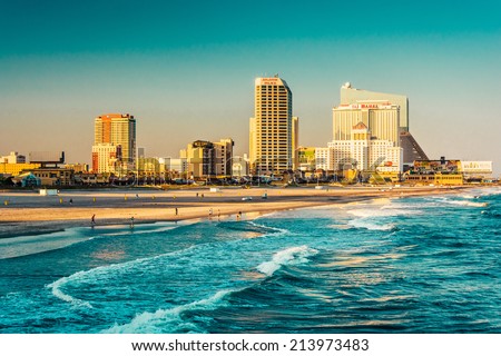 The skyline and Atlantic Ocean in Atlantic City, New Jersey.