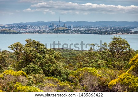 Skyline of Auckland in New Zealand from the top of Rangitoto Island