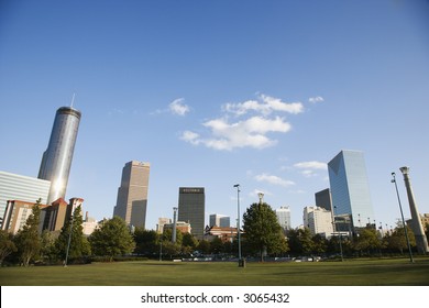 Skyline Behind Centennial Olympic Park In Downtown Atlanta, Georgia.