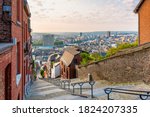 Skyline of Liège, Belgium as seen from the top of the 374-step Montagne de Bueren Staircase