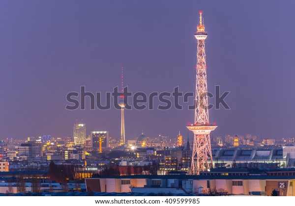 Skyline from\
Berlin, Germany with TV Tower by\
night