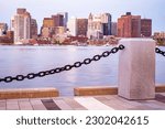 The skyline of Boston in Massachusetts, USA early in the morning as seen from the East Boston neighborhood across the channel.