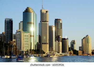 Skyline Of Brisbane City CBD In Australia Seen From The Brisbane River.