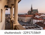 Skyline of Brno city with the cathedral of St. Peter and Paul as viewed from the Town Hall tower, Czech Republic