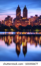 Skyline Of Buildings Along Central Park West Viewed From Above Jackie Kennedy Onassis Reservoir In New York City.