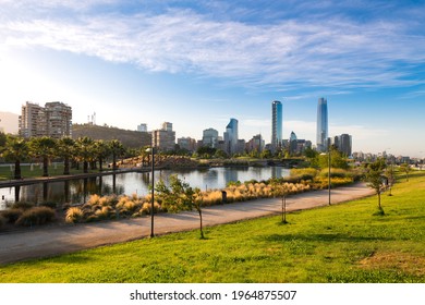 Skyline of buildings at Las Condes and Providencia districts and the pond at Bicentennial Park in Vitacura, Santiago de Chile