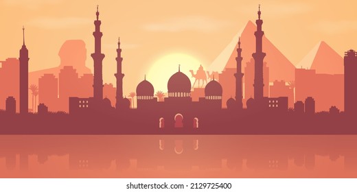 The skyline of Cairo (Egypt). The background is a silhouette in yellow and orange shades. Mosque, Egyptian pyramids, sun and camels.