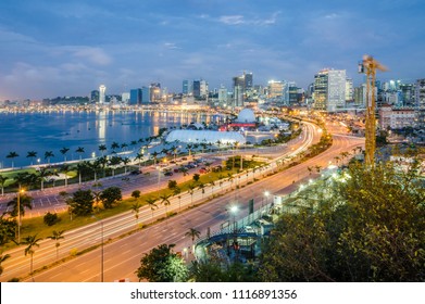 Skyline of capital city Luanda, Luanda bay and seaside promenade with highway during afternoon, Angola, Africa