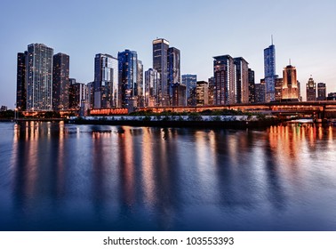 Skyline Of Chicago From The Navy Pier At Sunset