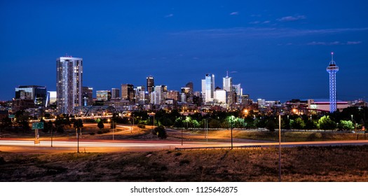 Skyline Of The City Of Denver Colorado At Night