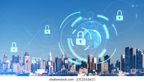 Skyline of city with double exposure of cybersecurity padlock interface and planet hologram. Concept of data protection, internet network and smart city