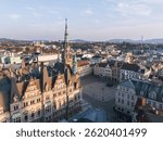 Skyline cityscape of Liberec, Czech Republic. Panoramic aerial view of the old town (staré město): main square and city hall at sunset 