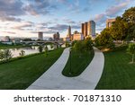 Skyline of Columbus, Ohio from Bicentennial Park bridge at Night