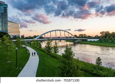 Skyline Of Columbus, Ohio From Bicentennial Park Bridge At Night