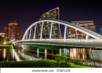 Skyline Of Columbus, Ohio From Bicentennial Park Bridge At Night