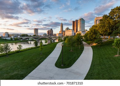 Skyline Of Columbus, Ohio From Bicentennial Park Bridge At Night