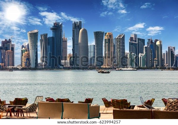 Skyline Doha Qatar Chairs Tables Front Stock Photo (Edit Now) 623994257