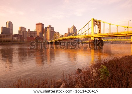 Skyline of downtown with Andy Warhol Bridge over the Allegheny River, Pittsburgh, Pennsylvania, USA