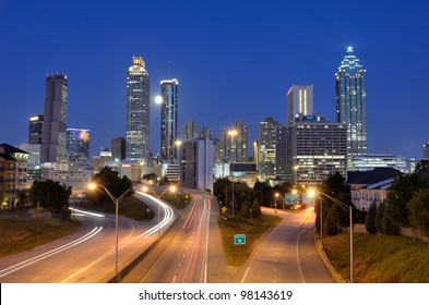 Skyline Of Downtown Atlanta, Georgia Above Freedom Parkway At Twilight.