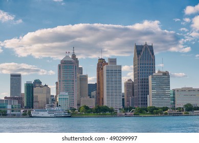 Skyline Of Downtown Detroit Buildings From Windsor, Ontario