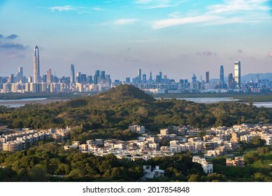 Skyline Of Downtown District Of Shenzhen City, China At Night. Viewed From Hong Kong Border