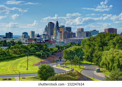Skyline of downtown Hartford, Connecticut from above Charter Oak Landing.