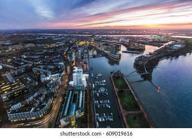 Skyline Dusseldorf  At Sunset - Aerial View