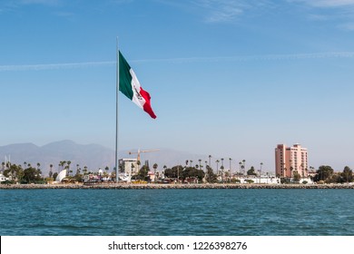 The skyline of Ensenada Harbor as seen from the ocean in Ensenada, Baja California, Mexico.