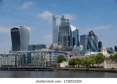 Skyline Of The Financial District, City Of London, Tower Of London On The Right, The Gherkin Behind, London, England/ 11-05-2020