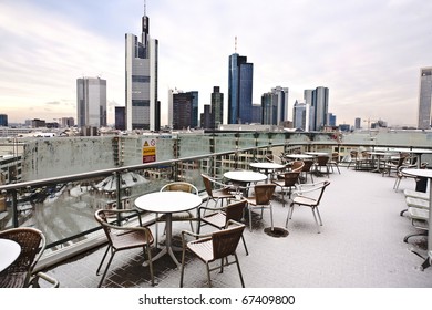 Skyline Of Frankfurt In Early Morning Covered With Fresh Snow