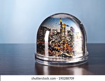 The Skyline Of Frankfurt In A Snow Globe.