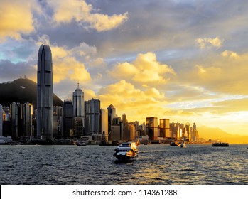 Skyline Of Hong Kong At Sunset.